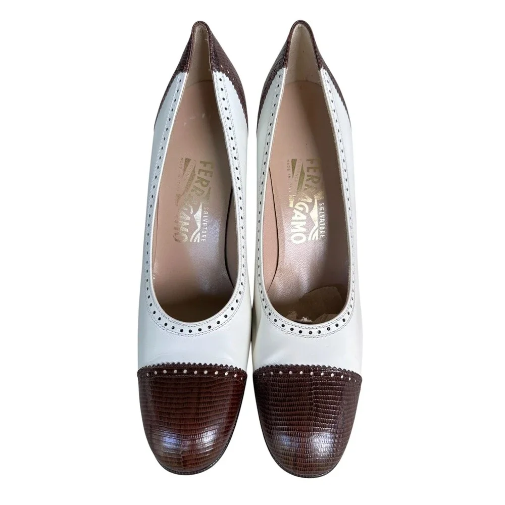Vtg Ferragamo Spectator White Leather Brown Block Heel Pumps Size 9 AA Narrow